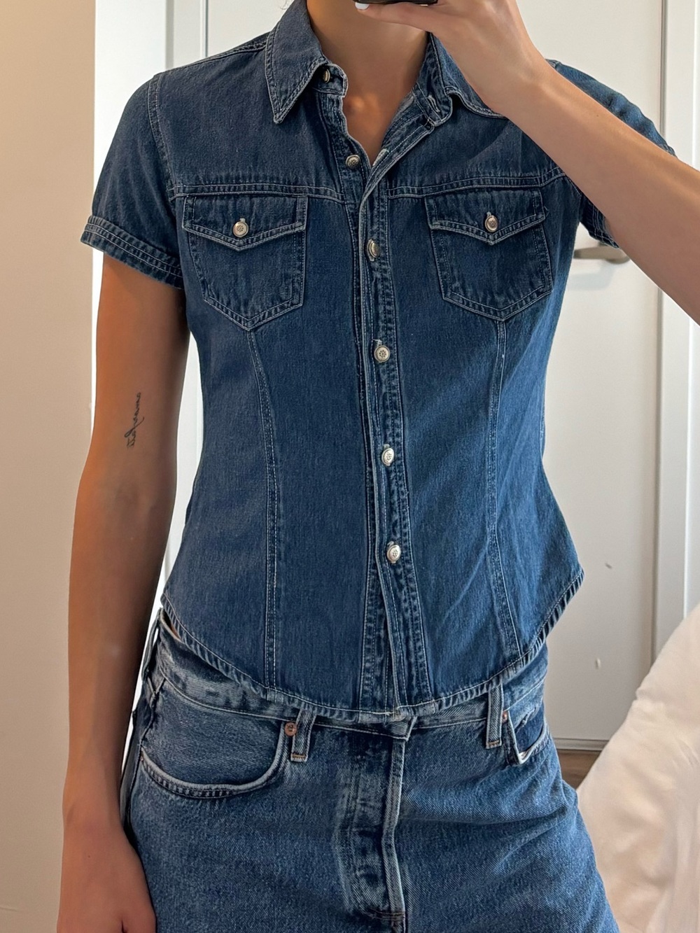 Vintage Denim Button-Up T-Shirt - Dark Blue